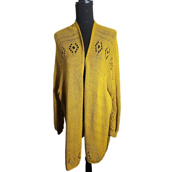 Wooden Ships Paola Buendia Mustard Yellow Open Knit Light Cardigan Sweater M/L - Picture 5 of 12
